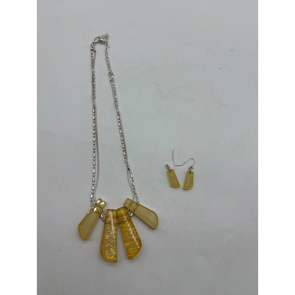 Vintage Lucite Bib Necklace Earrings Set Yellow Silver Tone Double Chain OOAK